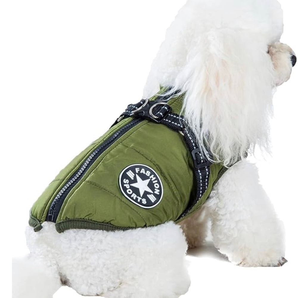 Small Dog or Cat Winter Coat Olive Green w/Black Reflective Straps, Size L